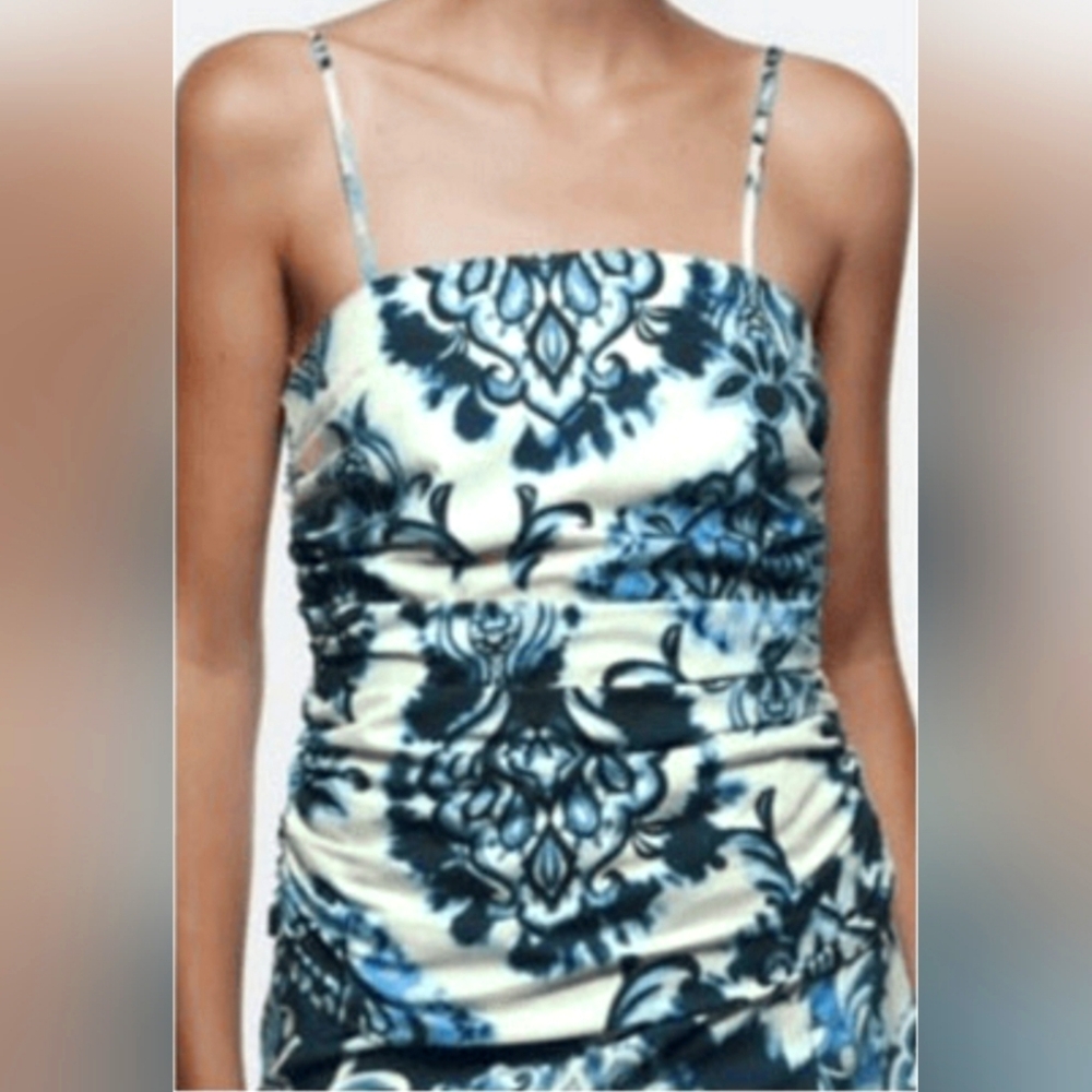 Zara 100% Cotton Blue Print Ruched Tank Top, Size M